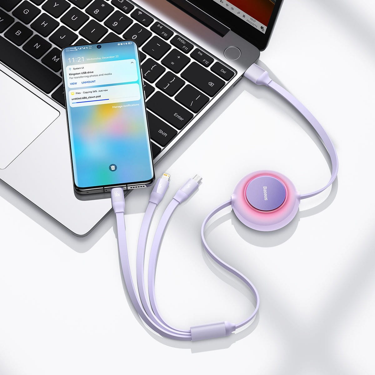 Kabel Baseus Bright Mirror 2 USB-A für Lightning / USB-C / MicroUSB 1,1 m, 66 W, Violet