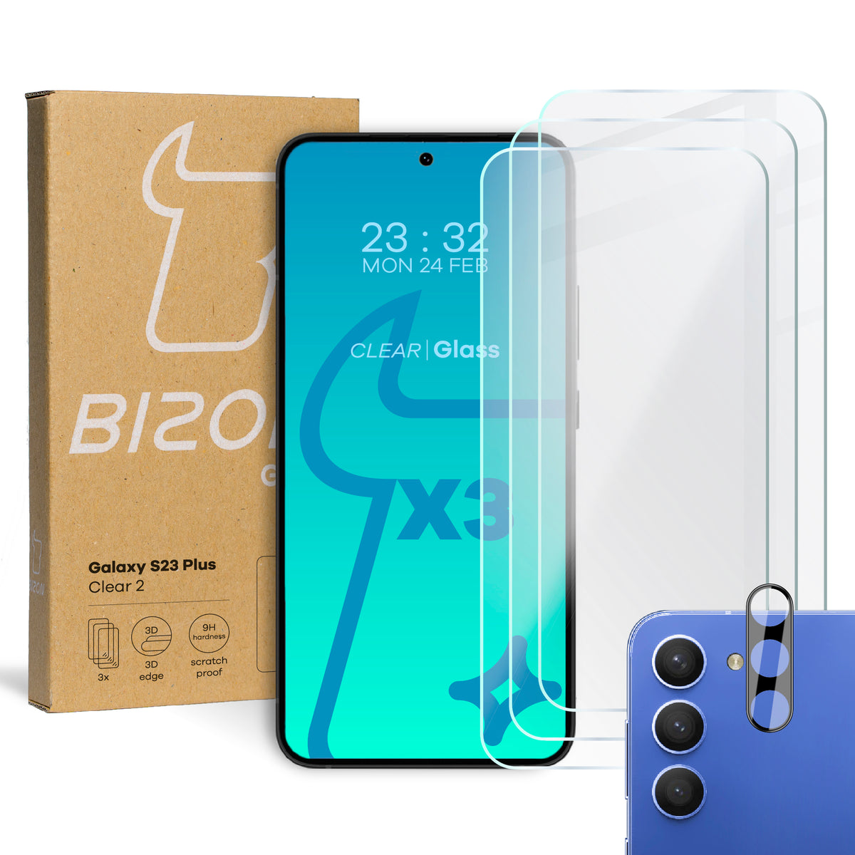 Gehärtetes Glas - 3 Stück + Kameraschutz, Galaxy S23 Plus, Bizon Glass Clear Pack