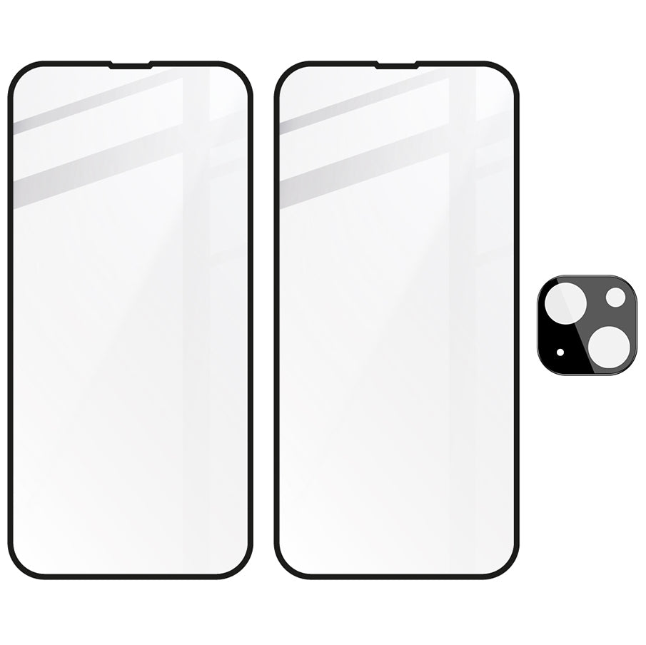 Gehärtetes Glas 2 - 2 Stück + Kameraschutz, iPhone 14 Plus, Bizon Glass Edge Pack, Schwarz