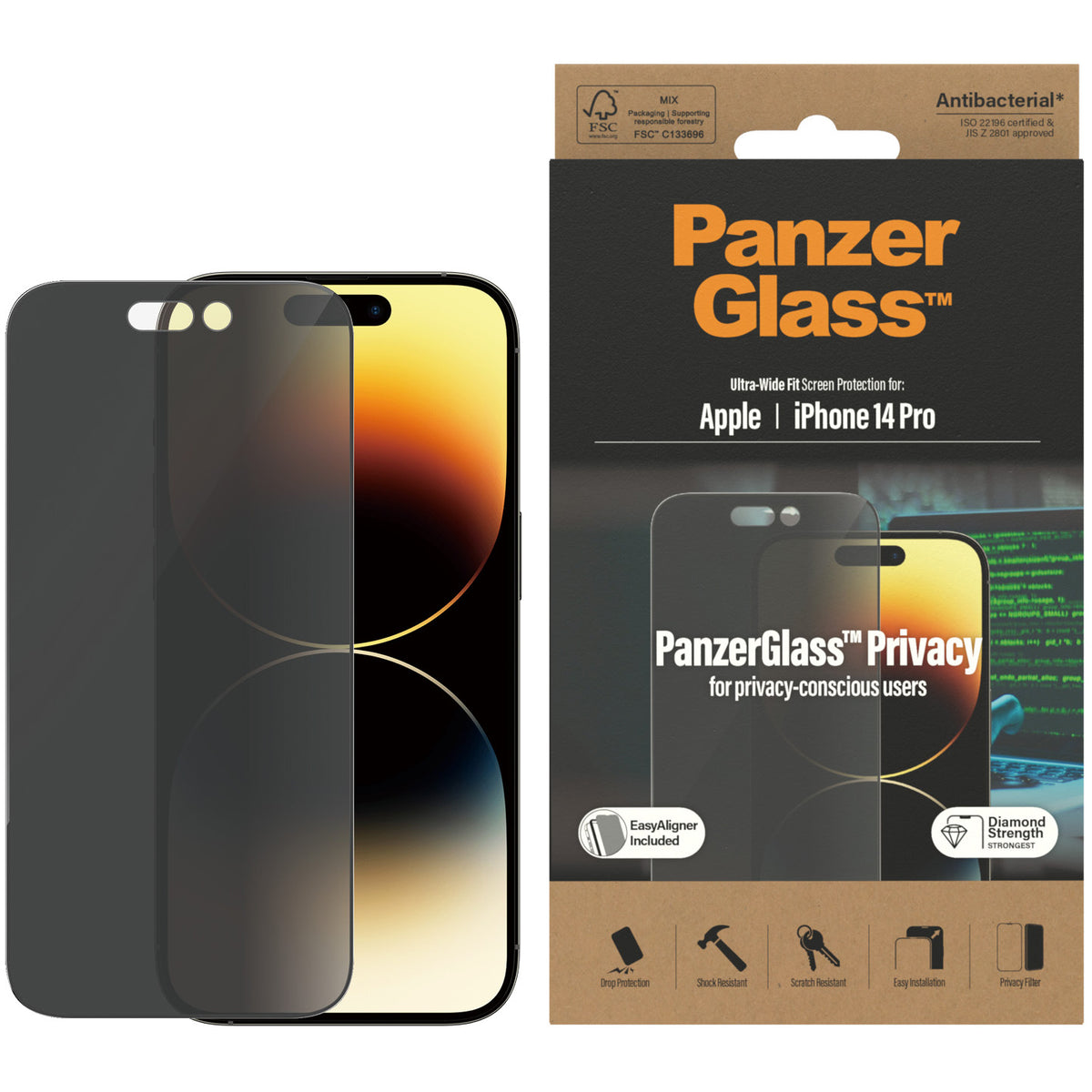 Gehärtetes Glas für das gesamte Display PanzerGlass Ultra-Wide Fit Privacy + EasyAligner für iPhone 14 Pro, Getönte mit schwarzer Rahmen