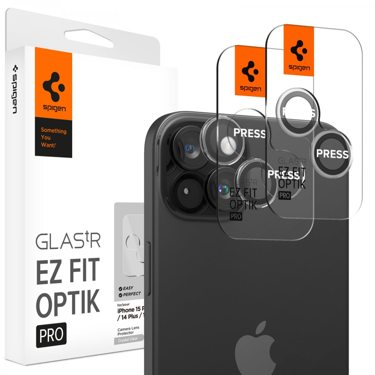 Glas für iPhone 15/15 Plus/14/14 Plus, für die Kamera, Spigen Glas.tR Ez Fit Optik Pro 2-Pack, Schwarz-Transparent