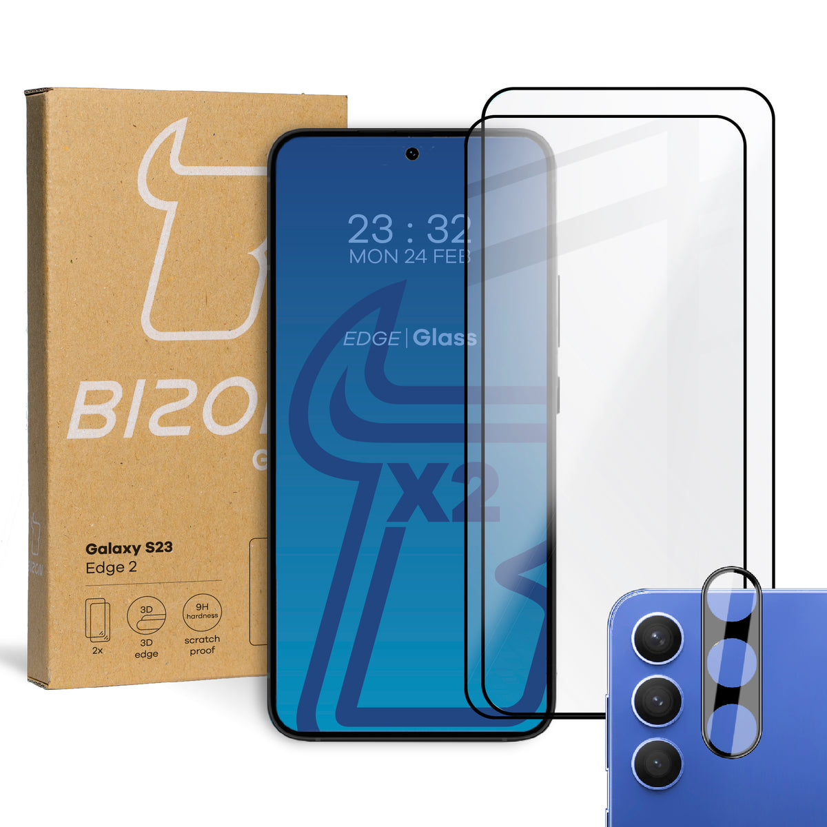 Gehärtetes Glas - 2 Stück + Kameraschutz für Galaxy S23, Bizon Glass Edge Pack, Schwarz