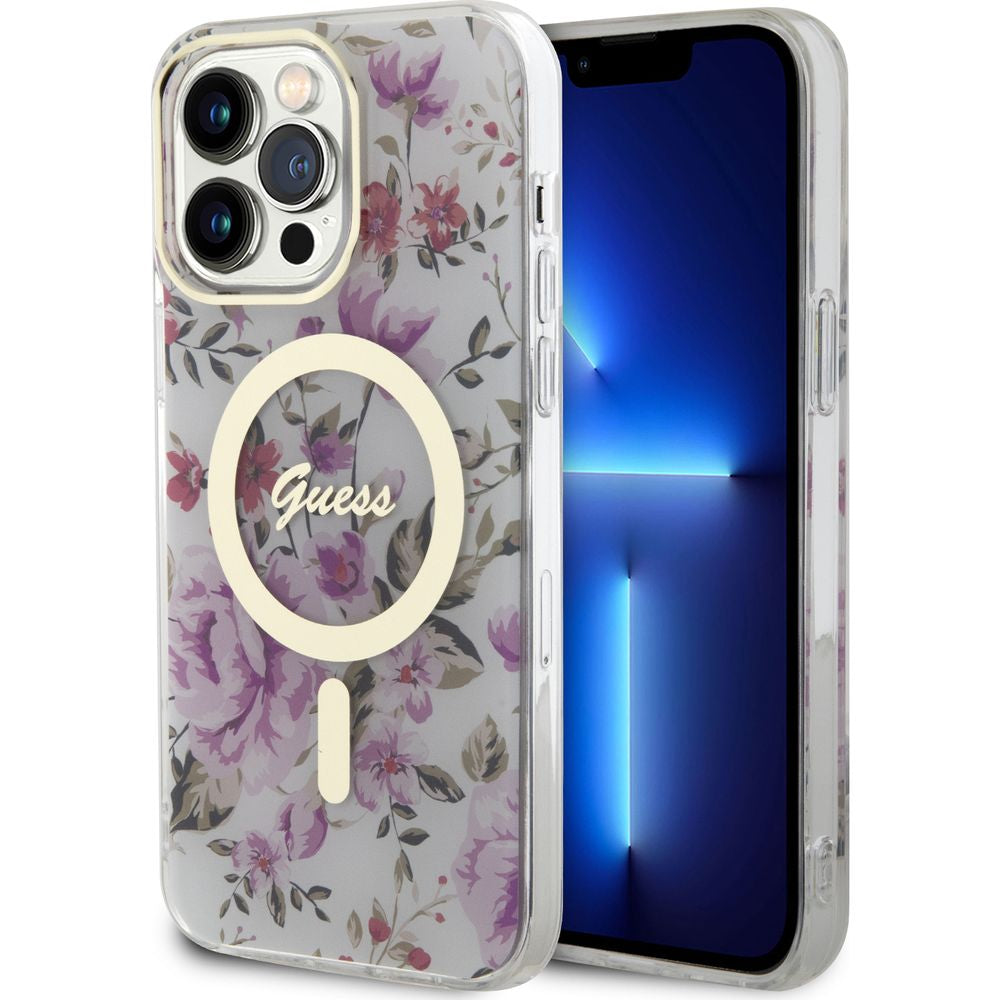 Guess Hardcase Flower MagSafe für iPhone 14 Pro, Transparent mit Blumen