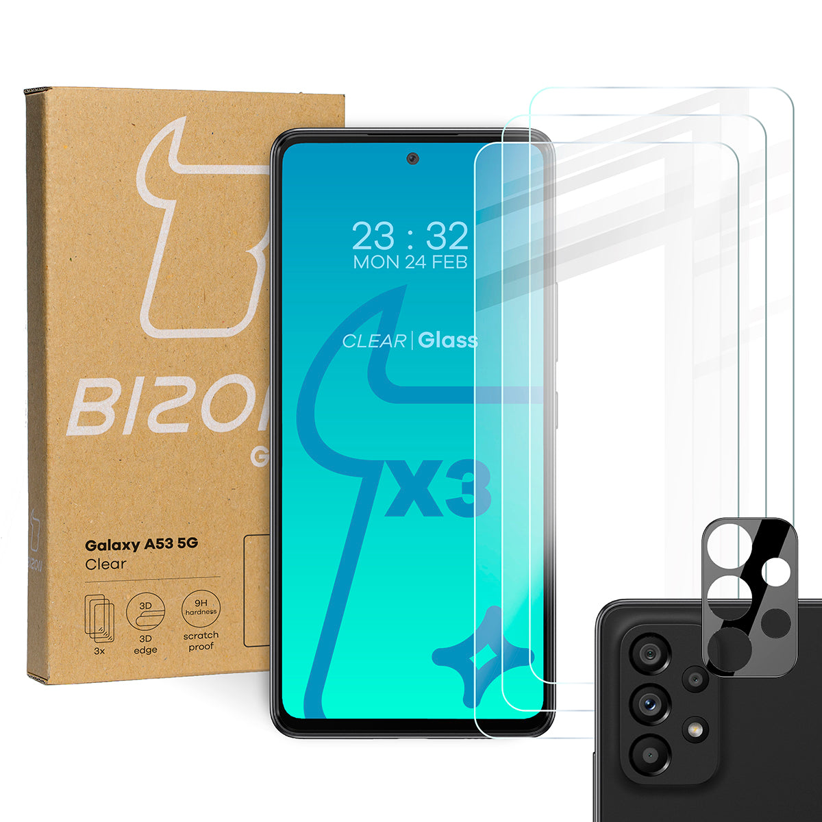 Gehärtetes Glas - 3 Stück + Kameraschutz, Galaxy A53, Bizon Glass Clear Pack