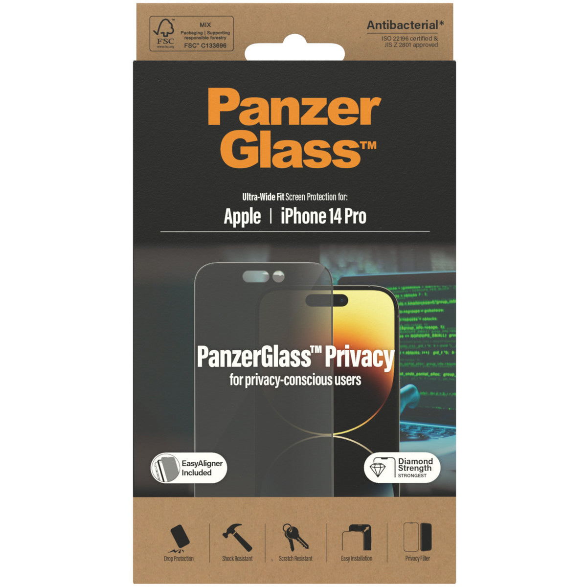 Gehärtetes Glas für das gesamte Display PanzerGlass Ultra-Wide Fit Privacy + EasyAligner für iPhone 14 Pro, Getönte mit schwarzer Rahmen