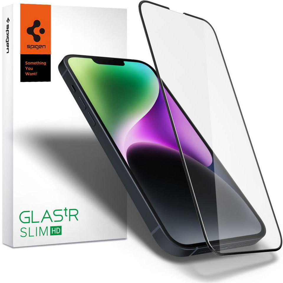 Glas für die Schutzhülle Spigen Glas.tR Slim FC iPhone 14 Plus / 13 Pro Max, schwarzer Rahmen