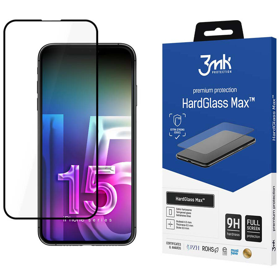 Gehärtetes Glas 3mk HardGlass Max für iPhone 15 Pro Max, Schwarzen Rahmen
