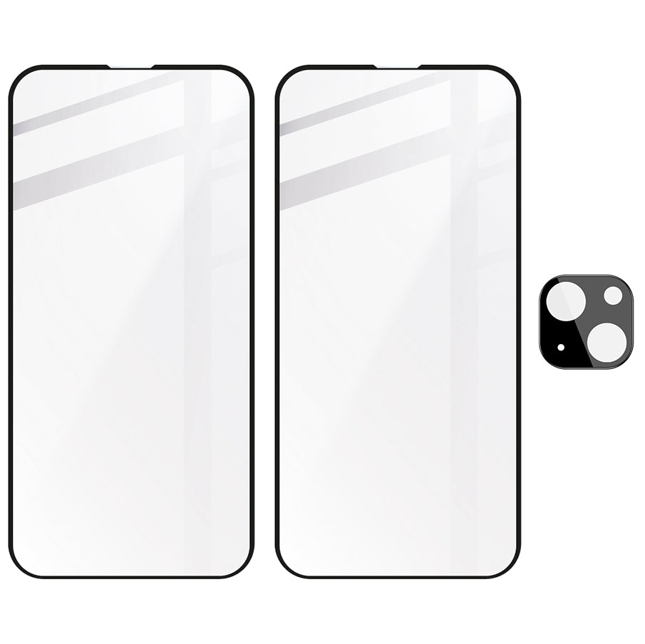 Gehärtetes Glas 2 - 2 Stück + Kameraschutz, iPhone 14, Bizon Glass Edge Pack, Schwarz