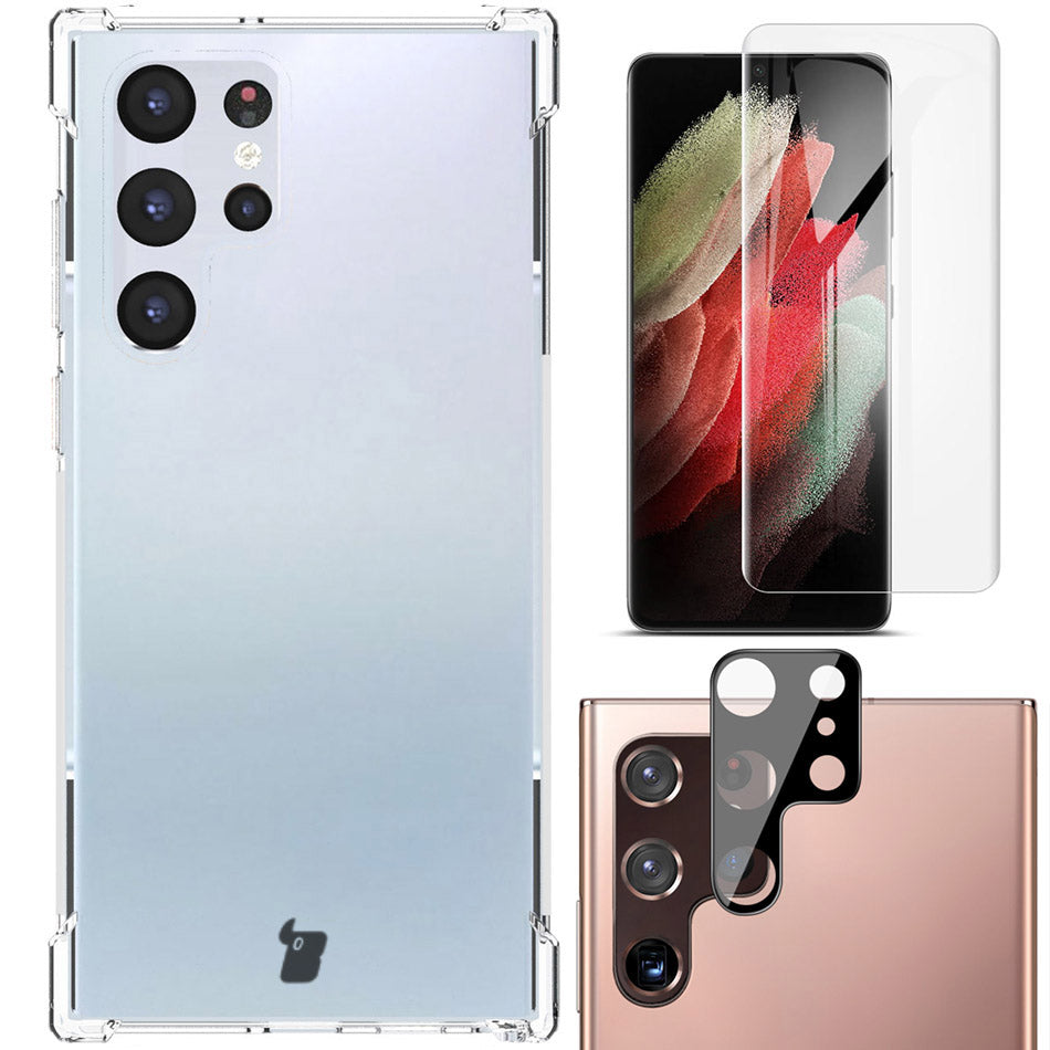 Schutzhülle + 2x Folie + Kameraschutz Bizon Case Clear Pack für Galaxy S22 Ultra, Transparent