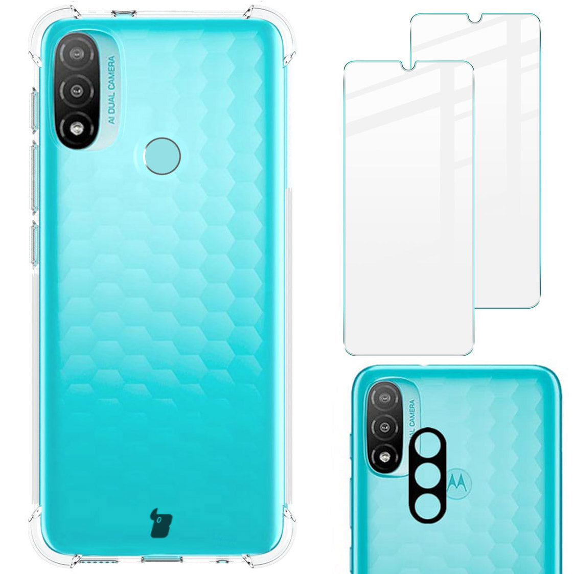 Schutzhülle + 2x Glas + Kameraschutz Bizon Case Clear Pack Moto E20, Transparent
