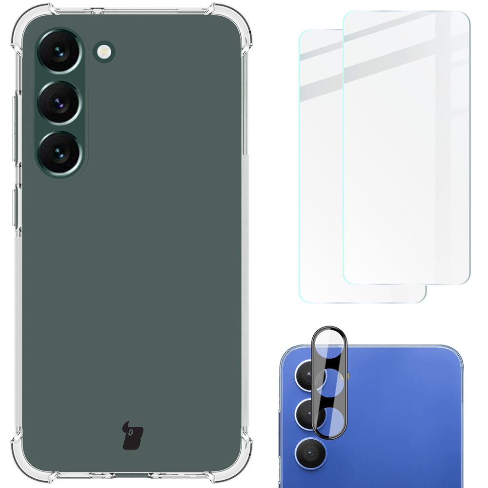 Schutzhülle + 2x Glas + Kameraschutz Bizon Case Clear Pack für Galaxy S23 Plus, Transparent