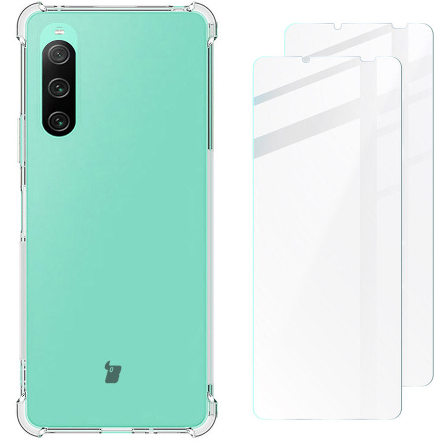 Schutzhülle + 2x Glas Bizon Case Clear Pack für Sony Xperia 10 V, Transparent