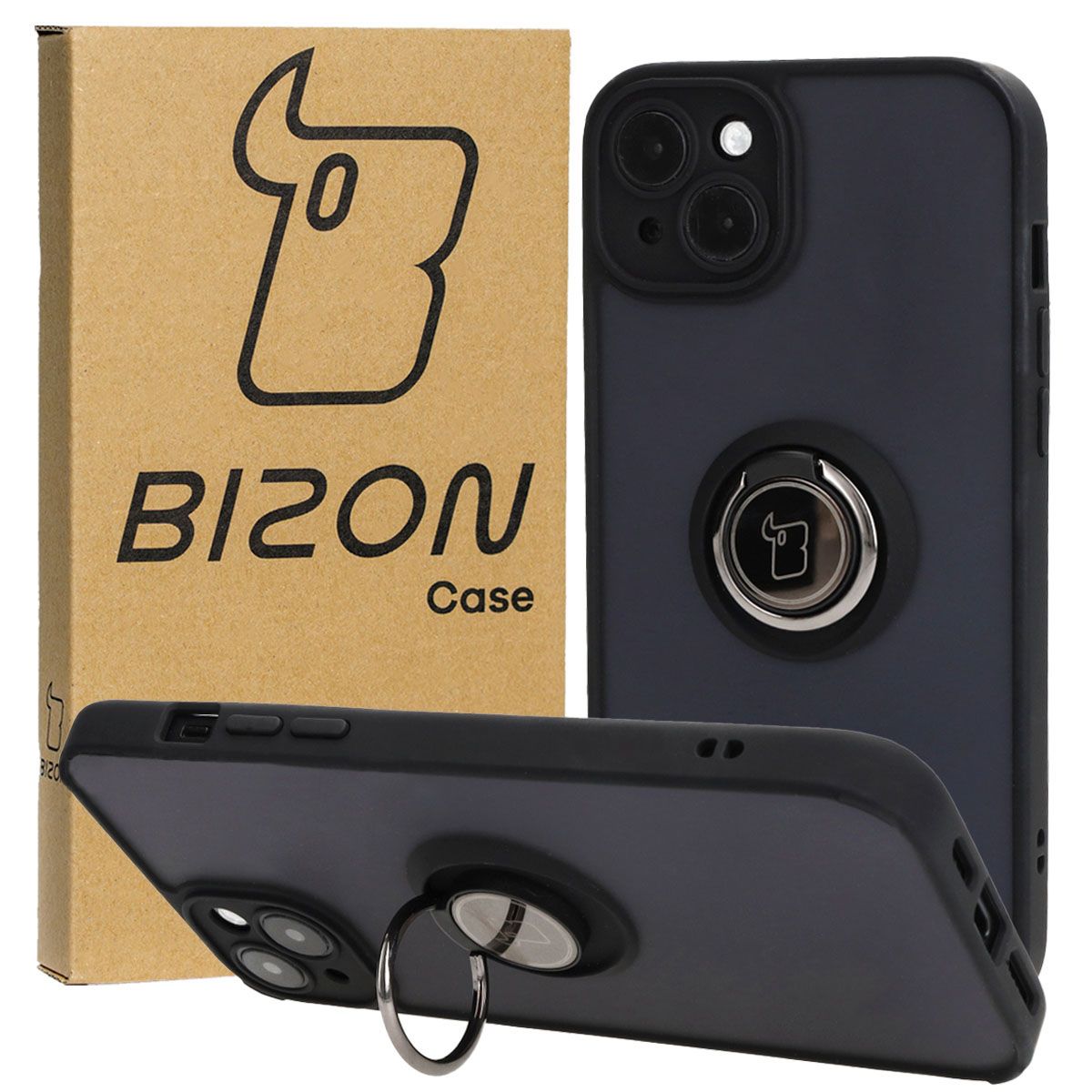 Handyhülle mit Fingergriff für iPhone 15 Plus, Bizon Case Hybrid Ring, getönt mit schwarzem Rahmen