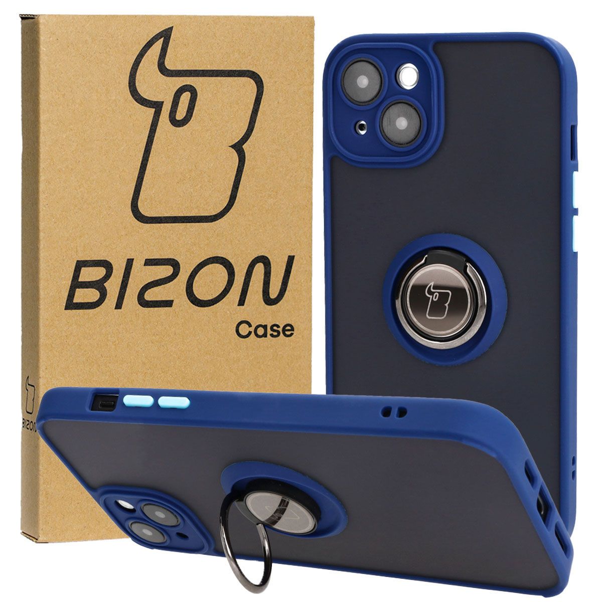 Handyhülle mit Fingergriff für iPhone 15 Plus, Bizon Case Hybrid Ring, getönt mit dunkelblauem Rahmen
