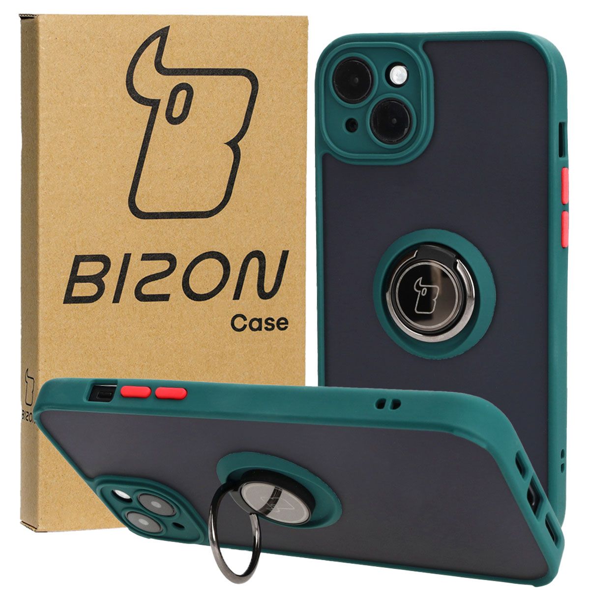 Handyhülle mit Fingergriff für iPhone 15 Plus, Bizon Case Hybrid Ring, getönt mit dunkelgrünem Rahmen