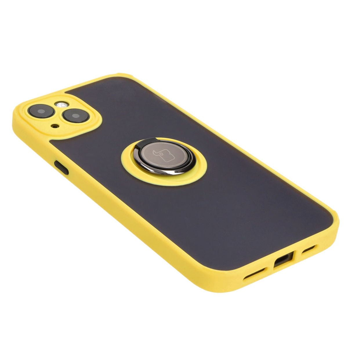 Handyhülle mit Fingergriff für iPhone 15 Plus, Bizon Case Hybrid Ring, getönt mit gelbem Rahmen