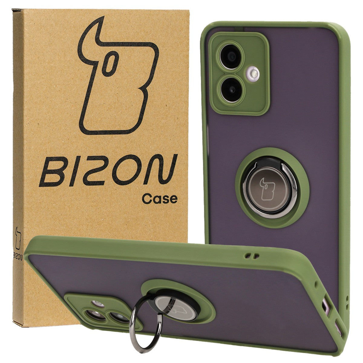 Handyhülle mit Fingergriff für Motorola Moto G14, Bizon Case Hybrid Ring, getönt mit grünem Rahmen
