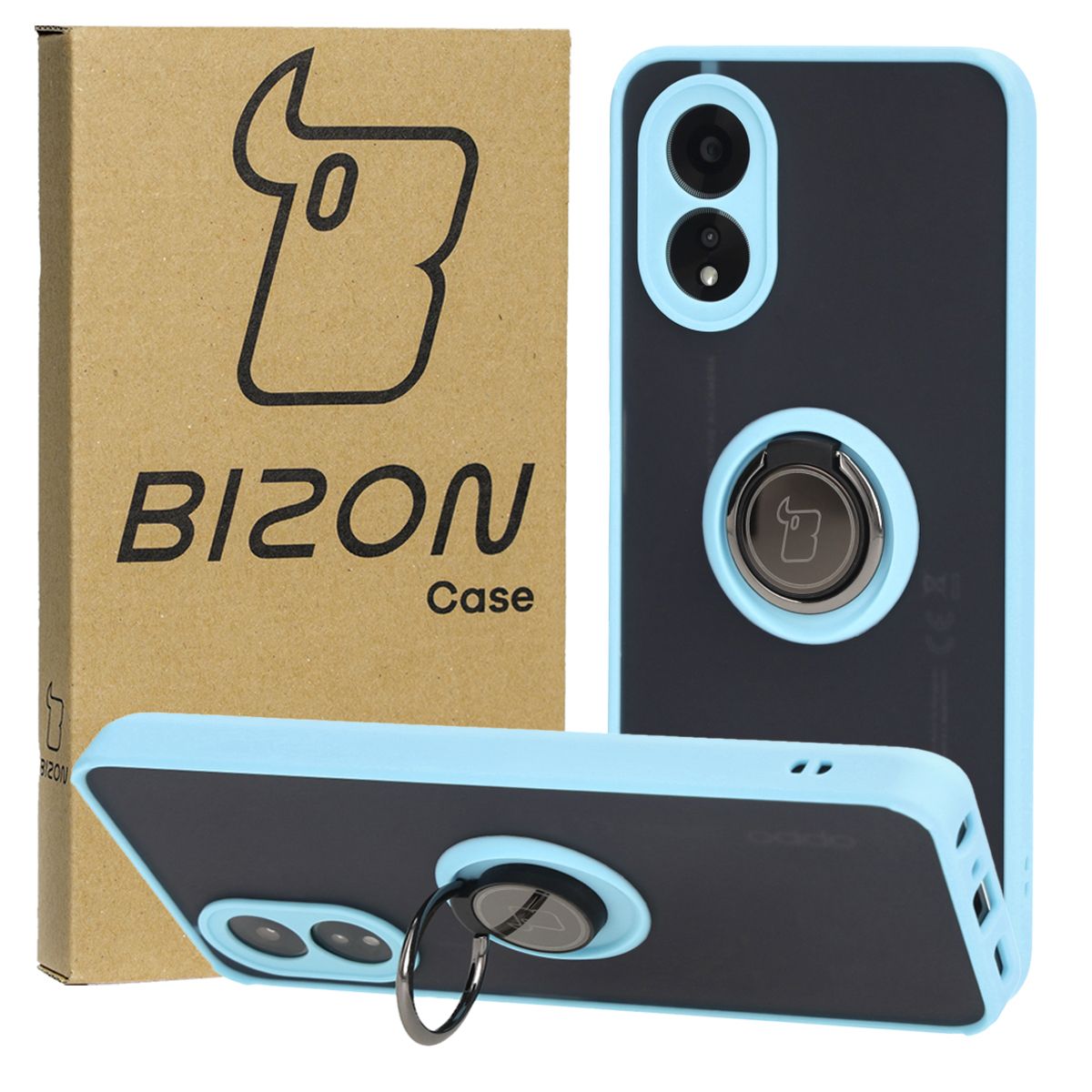 Handyhülle mit Fingergriff für Oppo A38 4G, Bizon Case Hybrid Ring, getönt mit hellblauem Rahmen