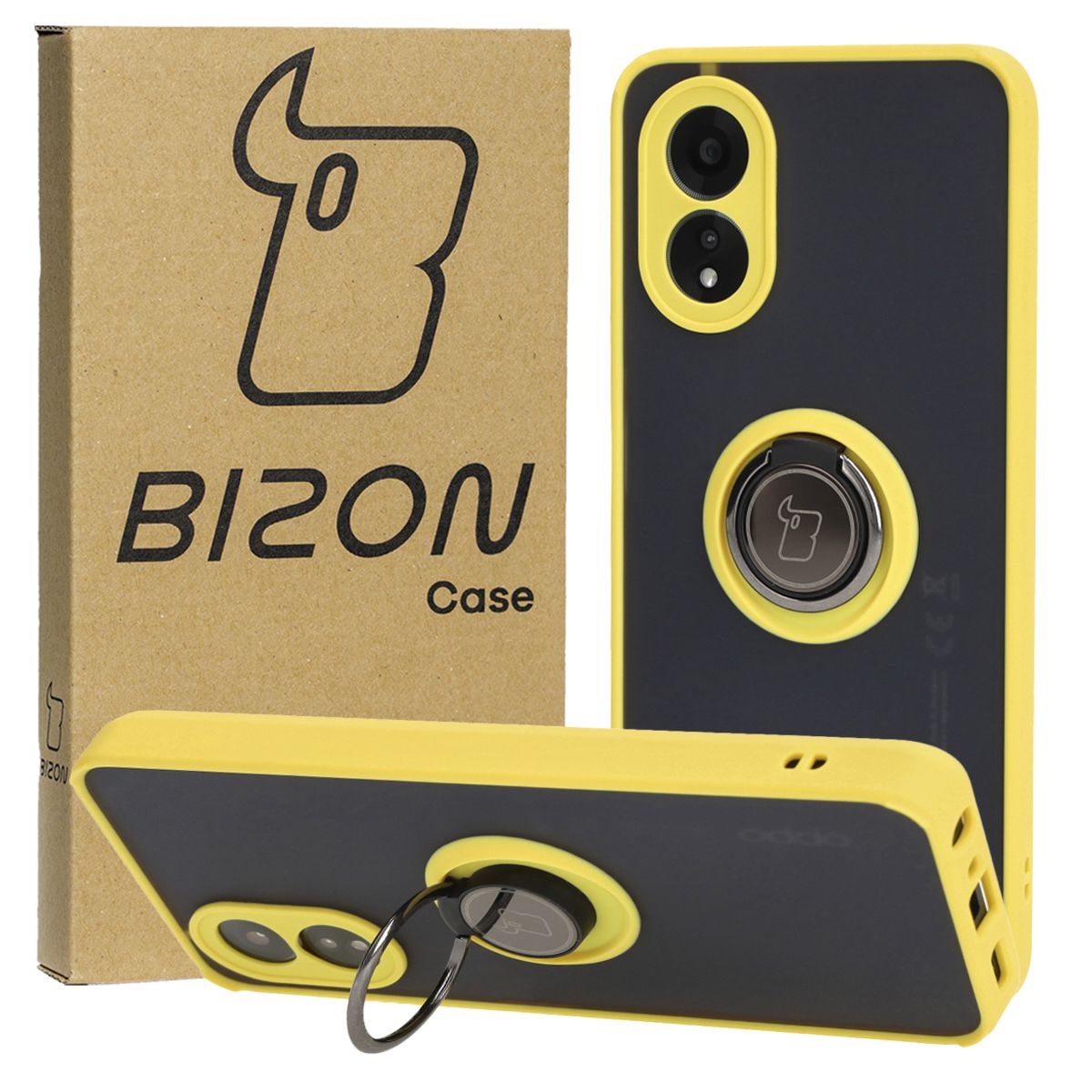 Handyhülle mit Fingergriff für Oppo A38 4G, Bizon Case Hybrid Ring, getönt mit gelbem Rahmen