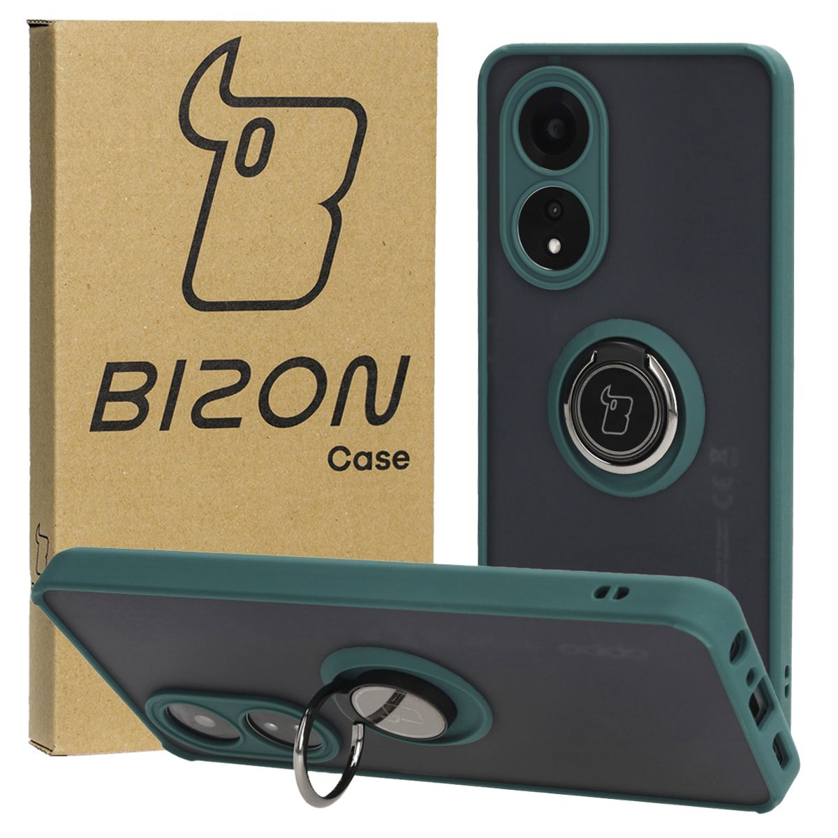 Handyhülle mit Fingergriff für Oppo A58 4G, Bizon Case Hybrid Ring, getönt mit dunkelgrünem Rahmen
