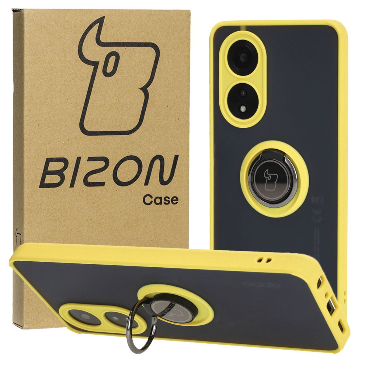 Handyhülle mit Fingergriff für Oppo A58 4G, Bizon Case Hybrid Ring, getönt mit gelbem Rahmen