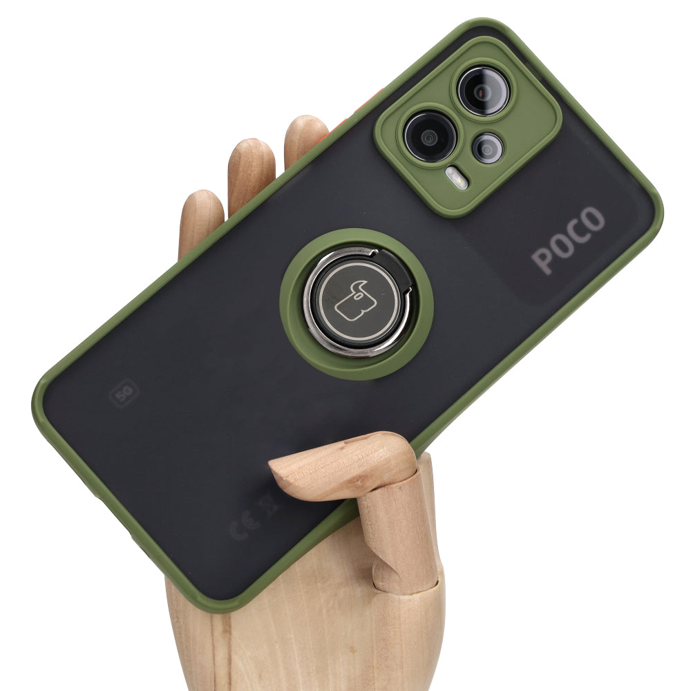 Handyhülle mit Fingergriff für Xiaomi Poco X5 / Redmi Note 12 5G, Bizon Case Hybrid Ring, getönt mit grünem Rahmen