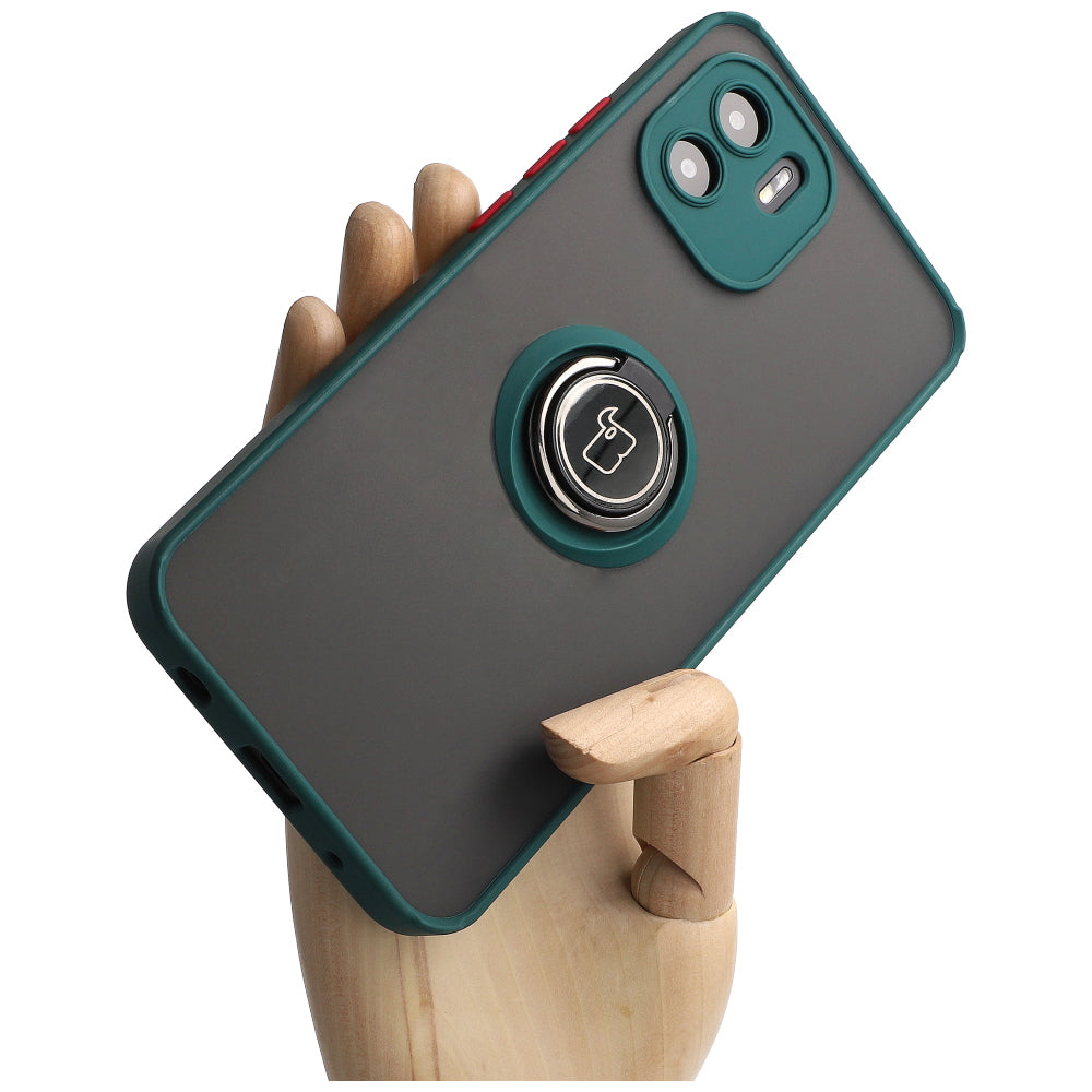 Handyhülle mit Fingergriff für Xiaomi Redmi A1, Bizon Case Hybrid Ring, getönt mit dunkelgrünem Rahmen