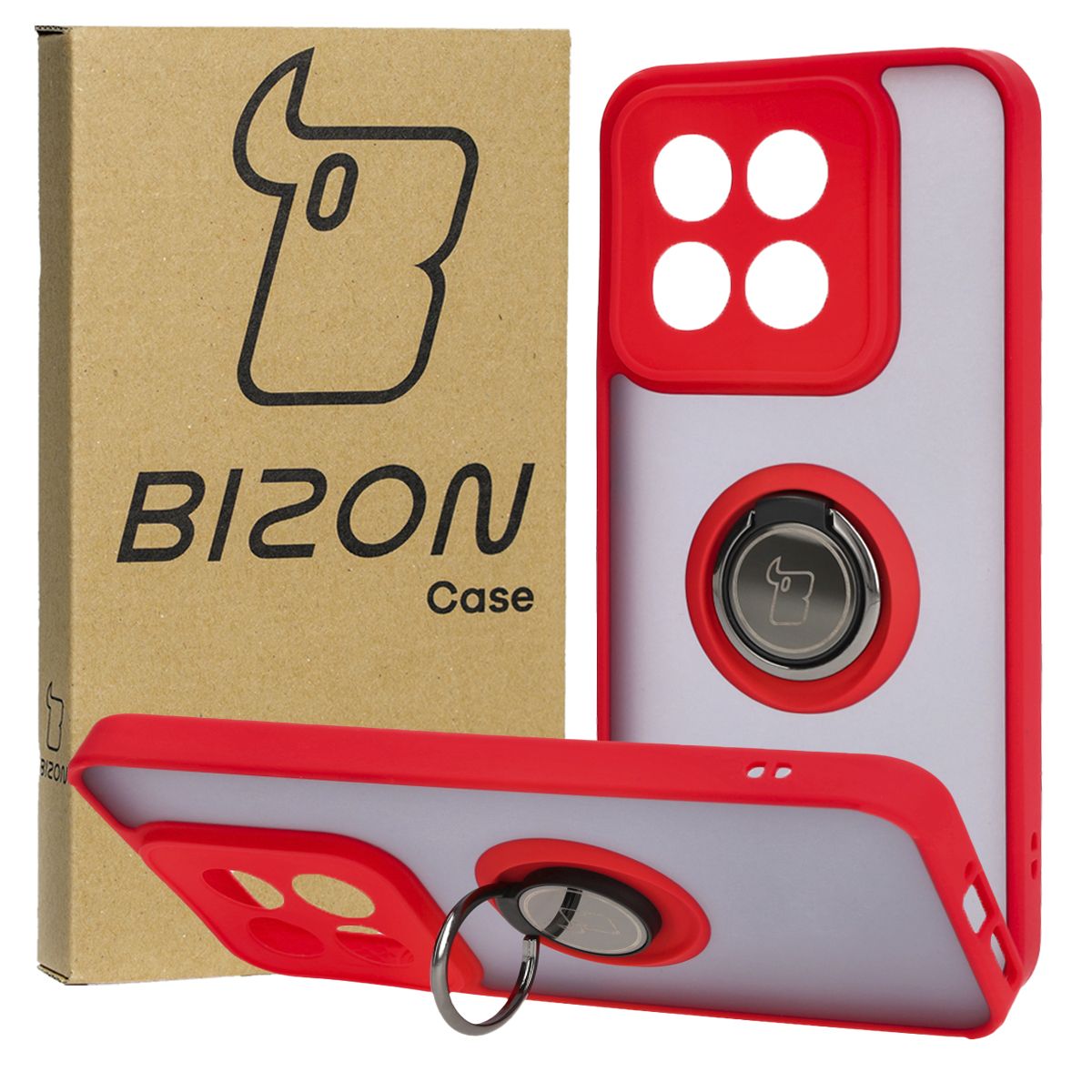 Handyhülle mit Fingergriff für Xiaomi 14, Bizon Case Hybrid Ring, getönt mit rotem Rahmen