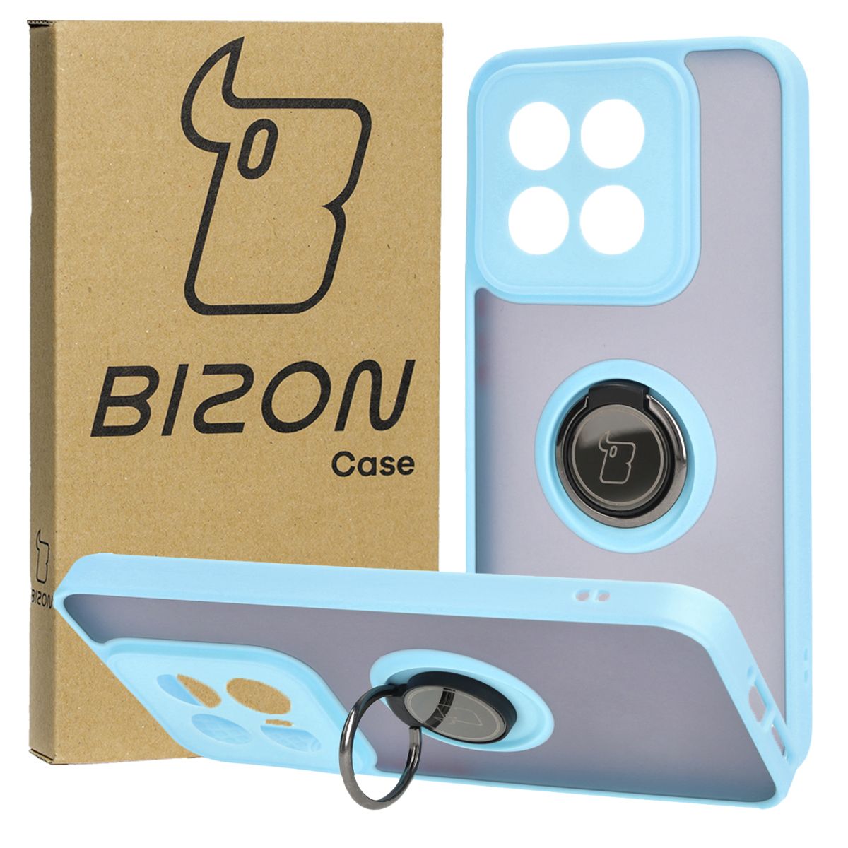 Handyhülle mit Fingergriff für Xiaomi 14, Bizon Case Hybrid Ring, getönt mit hellblauem Rahmen