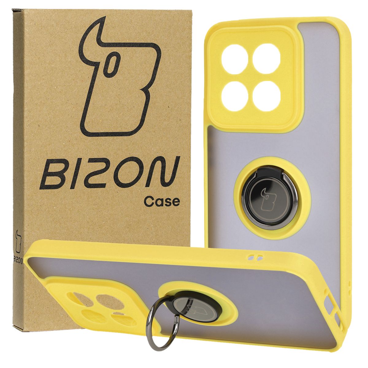 Handyhülle mit Fingergriff für Xiaomi 14, Bizon Case Hybrid Ring, getönt mit gelbem Rahmen