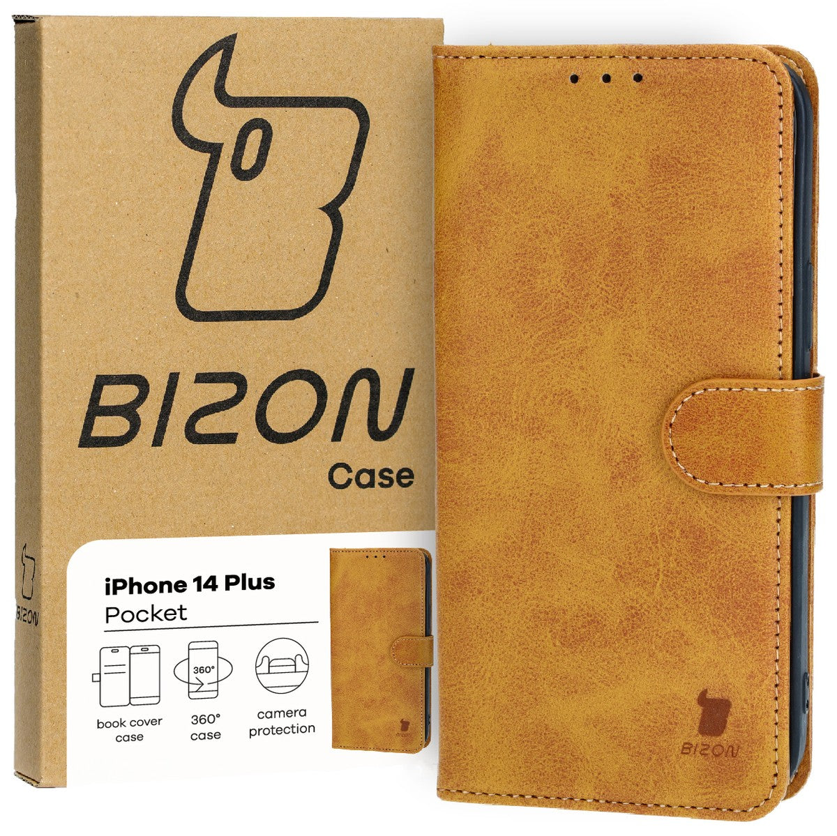 Handyhülle mit Klappe für iPhone 14 Plus, Bizon Case Pocket, Braun