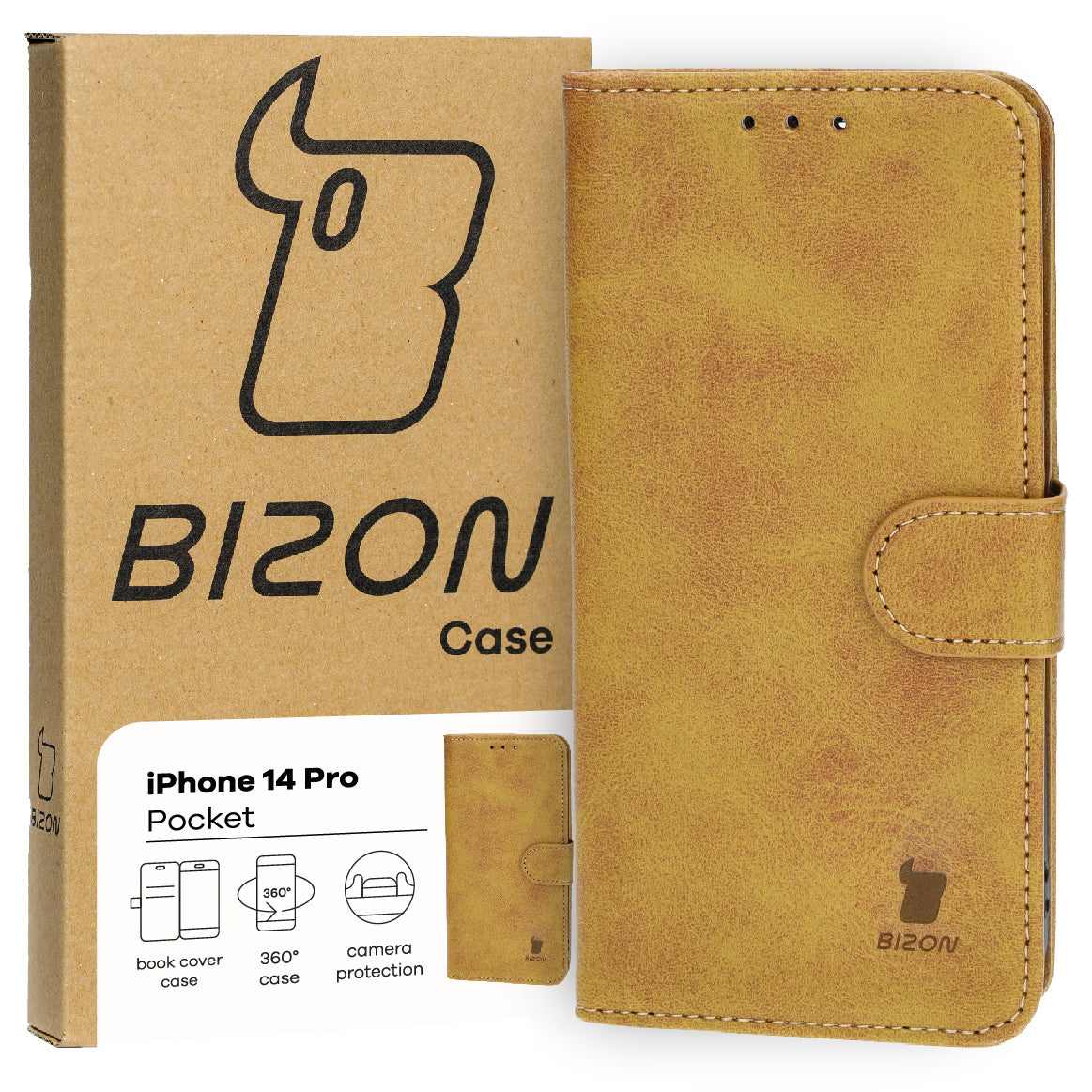 Handyhülle mit Klappe für iPhone 14 Pro, Bizon Case Pocket, Braun
