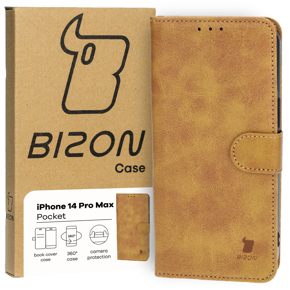 Handyhülle mit Klappe für iPhone 14 Pro Max, Bizon Case Pocket, Braun