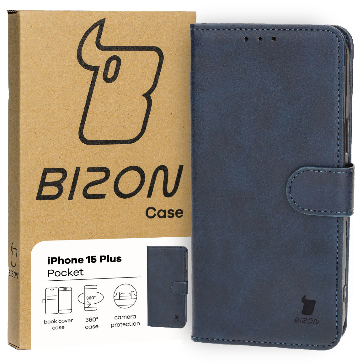 Handyhülle mit Klappe für iPhone 15 Plus, Bizon Case Pocket, Dunkelblau