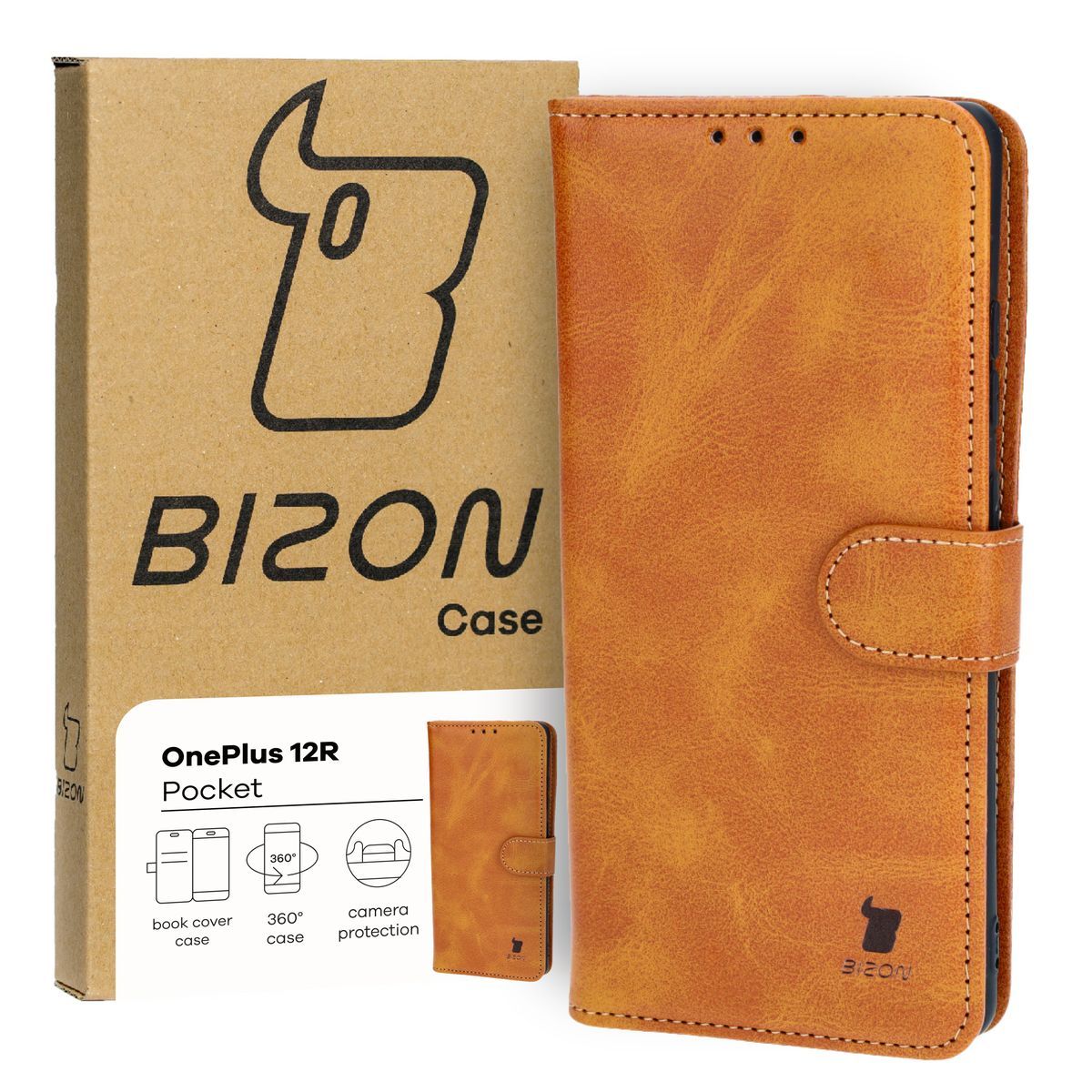 Handyhülle mit Klappe für OnePlus 12R, Bizon Case Pocket, Braun