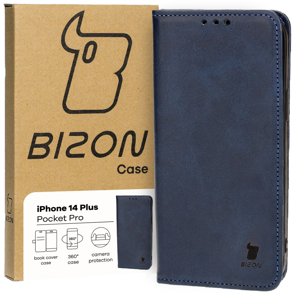 Handyhülle mit Klappe für iPhone 14 Plus, Bizon Case Pocket Pro, Dunkelblau