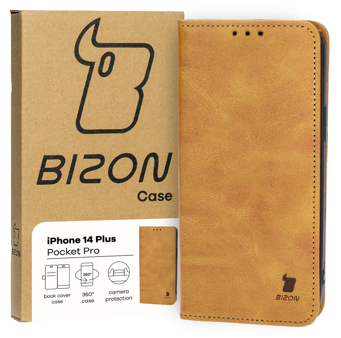 Handyhülle mit Klappe für iPhone 14 Plus, Bizon Case Pocket Pro, Braun