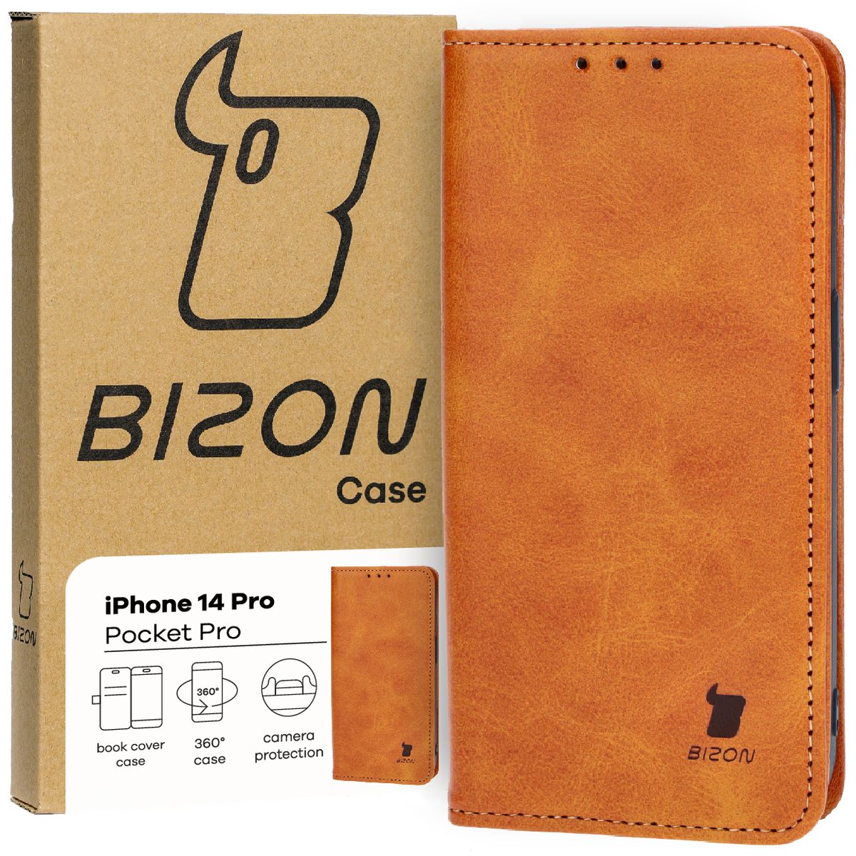 Handyhülle mit Klappe für iPhone 14 Pro, Bizon Case Pocket Pro, Braun