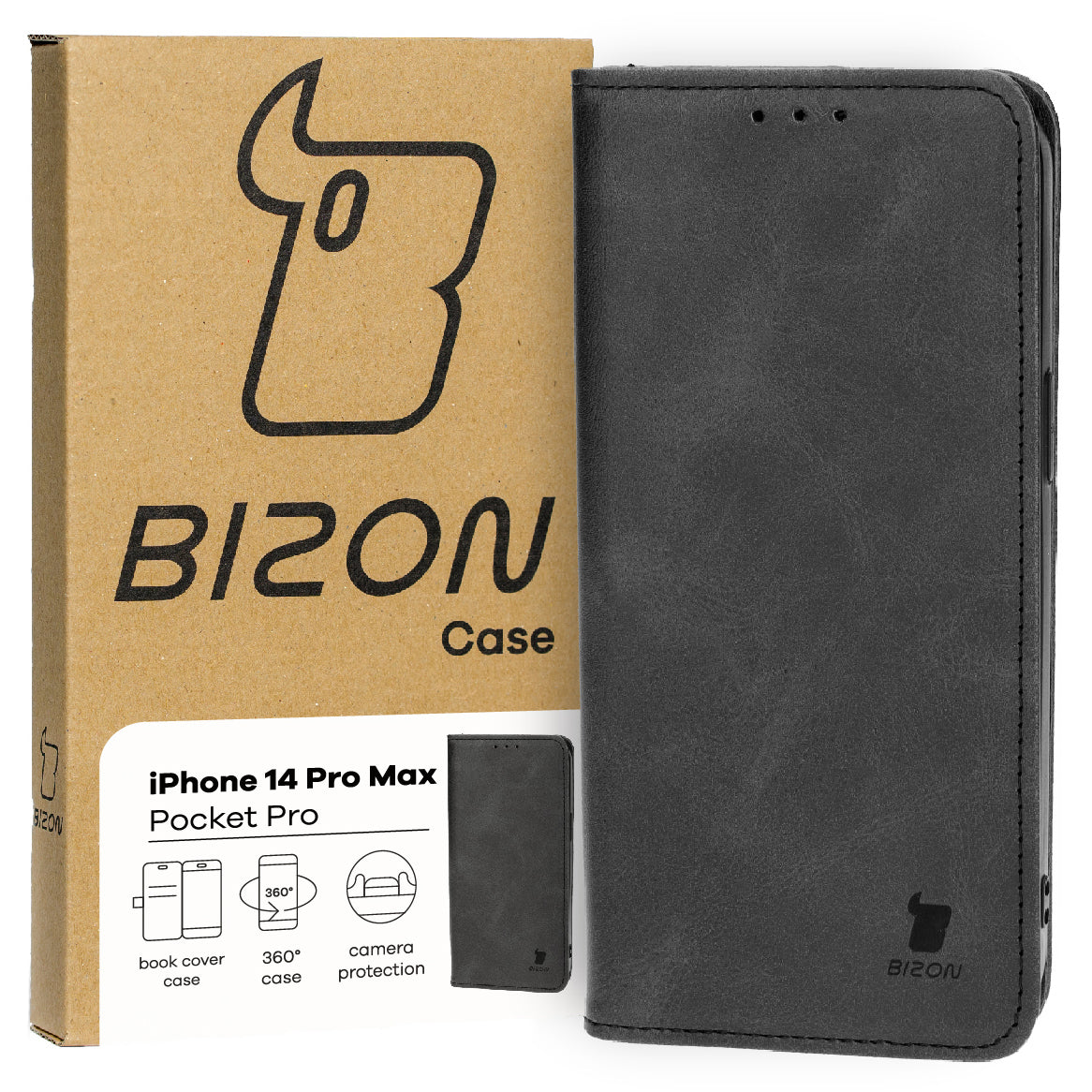 Handyhülle mit Klappe für iPhone 14 Pro Max, Bizon Case Pocket Pro, Schwarz