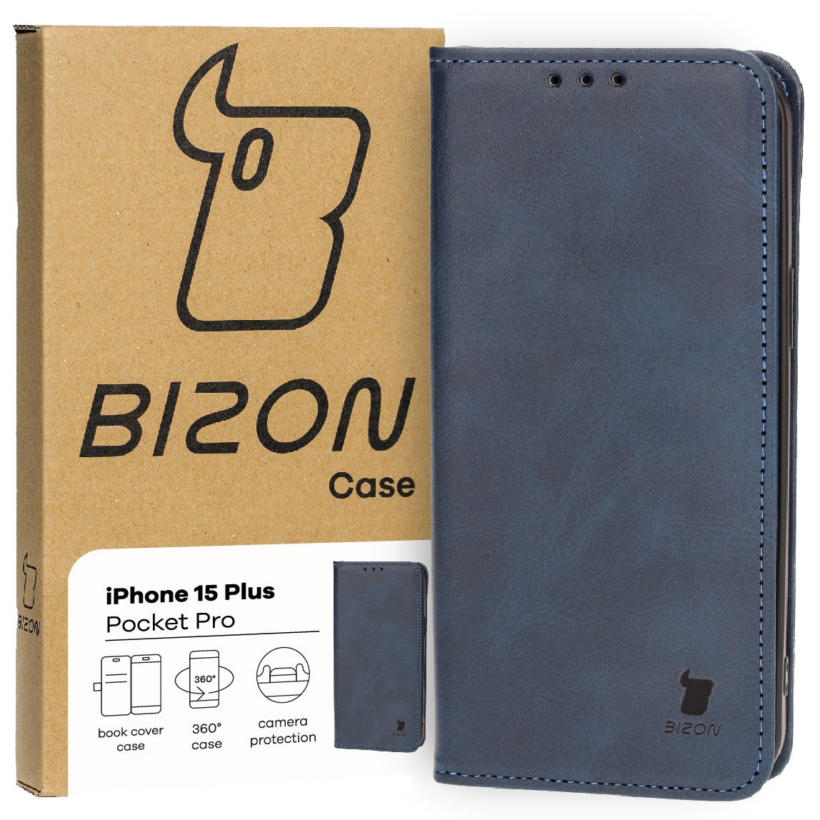 Handyhülle mit Klappe für iPhone 15 Plus, Bizon Case Pocket Pro, Dunkelblau