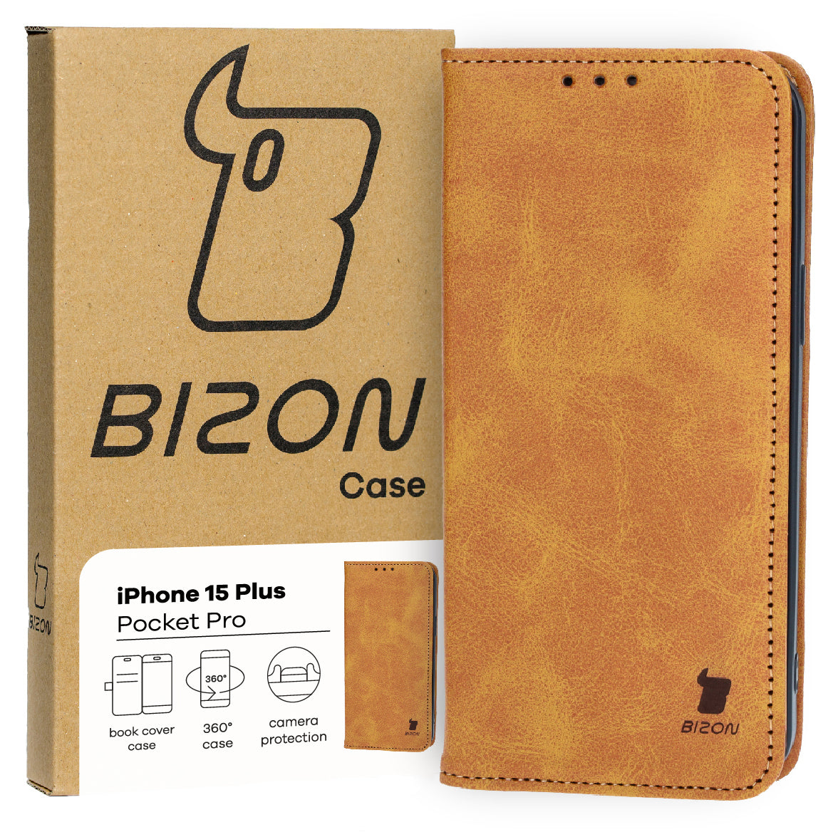Handyhülle mit Klappe für iPhone 15 Plus, Bizon Case Pocket Pro, Braun