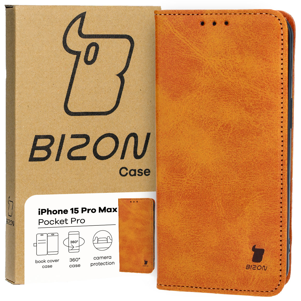 Handyhülle mit Klappe für iPhone 15 Pro Max, Bizon Case Pocket Pro, Braun