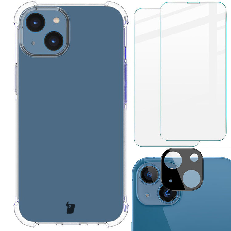 Schutzhülle + 2x Glas + Kameraschutz Bizon Case Clear Pack iPhone 14, Transparent
