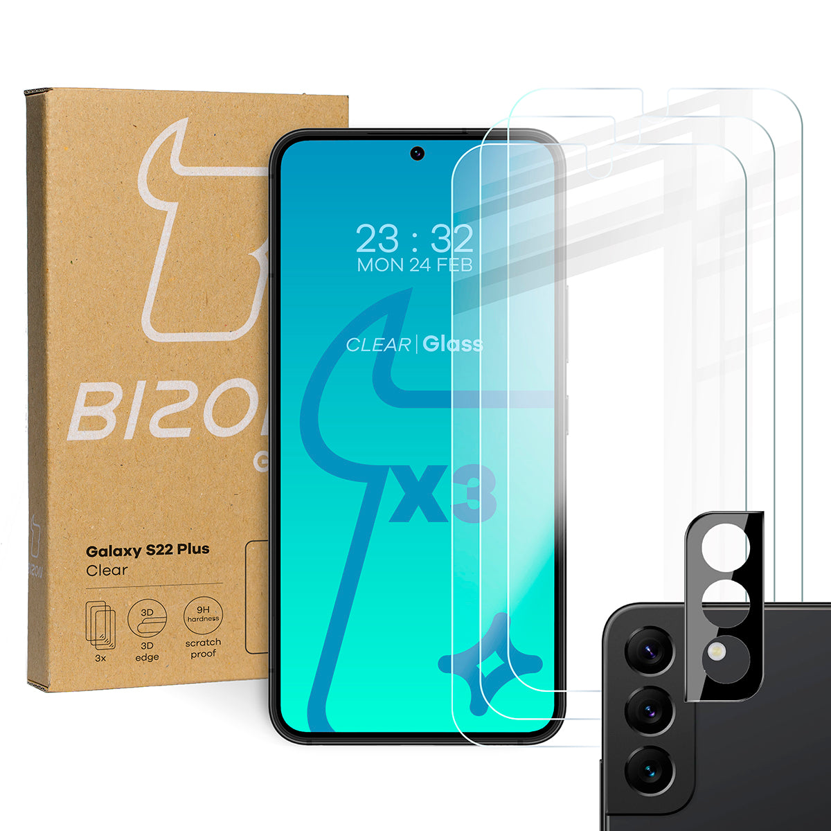 Gehärtetes Glas - 3 Stück + Kameraschutz für Galaxy S22 Plus, Bizon Glass Clear Pack