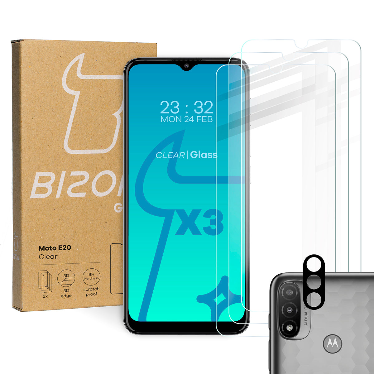Gehärtetes Glas - 3 Stück + Kameraschutz für Moto E20, Bizon Glass Clear Pack