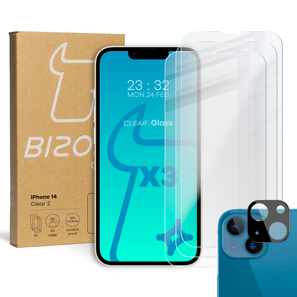 Gehärtetes Glas - 3 Stück + Kameraschutz, iPhone 14, Bizon Glass Clear Pack