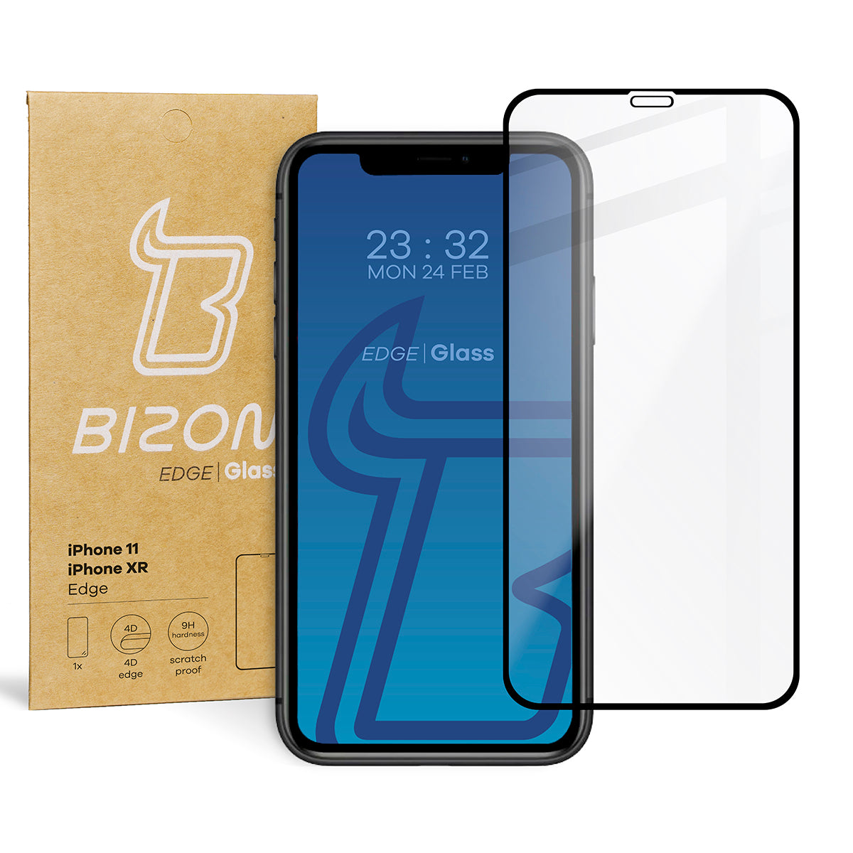 Gehärtetes Glas Bizon Glass Edge für iPhone 11 / XR, schwarzer Rahmen
