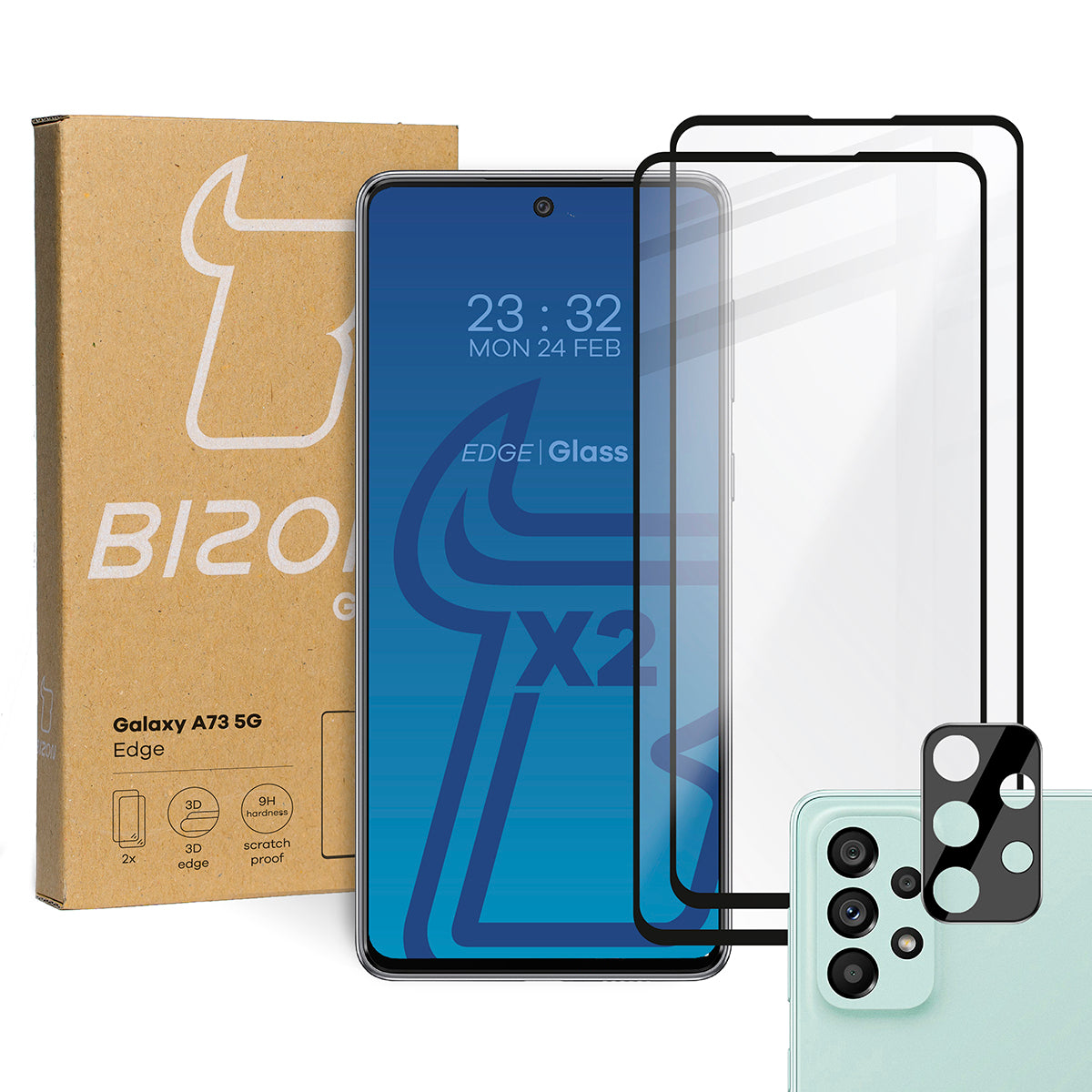 Gehärtetes Glas - 2 Stück + Kameraschutz für Galaxy A73, Bizon Glass Edge Pack, Schwarz