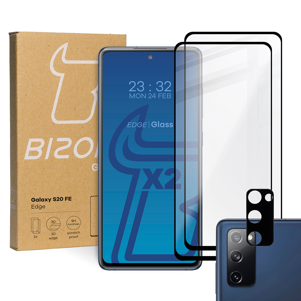 Gehärtetes Glas - 2 Stück + Kameraschutz, Galaxy S20 FE, Bizon Glass Edge Pack, Bizon Glass Edge Pack, Schwarz