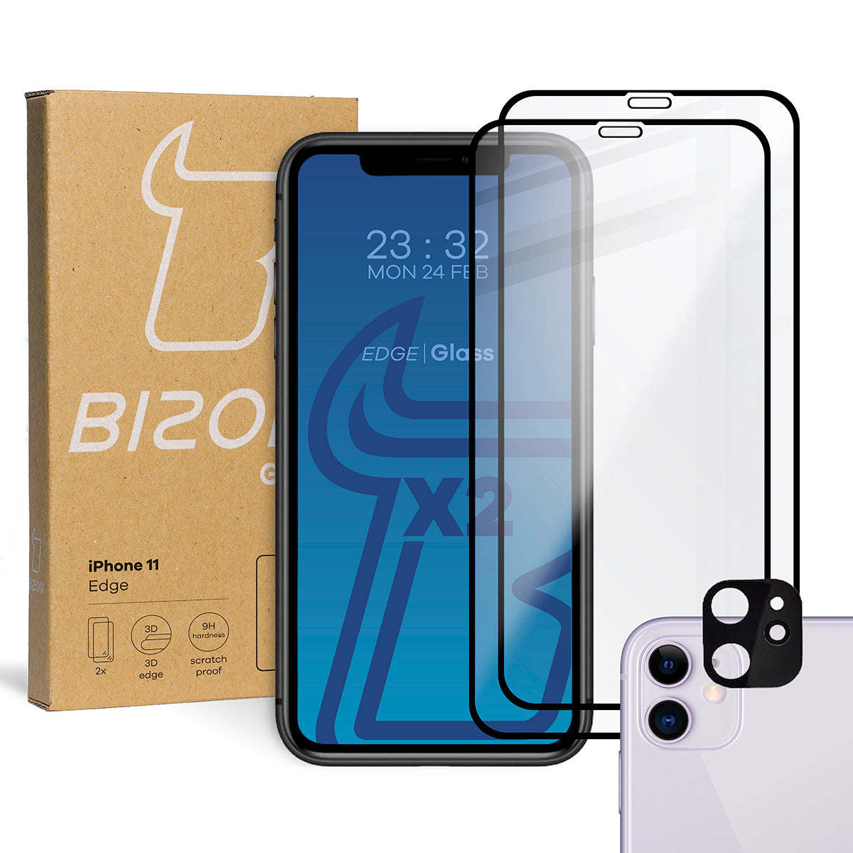 Gehärtetes Glas - 2 Stück + Kameraschutz für iPhone 11, Bizon Glass Edge Pack, Bizon Glass Edge Pack, Schwarz